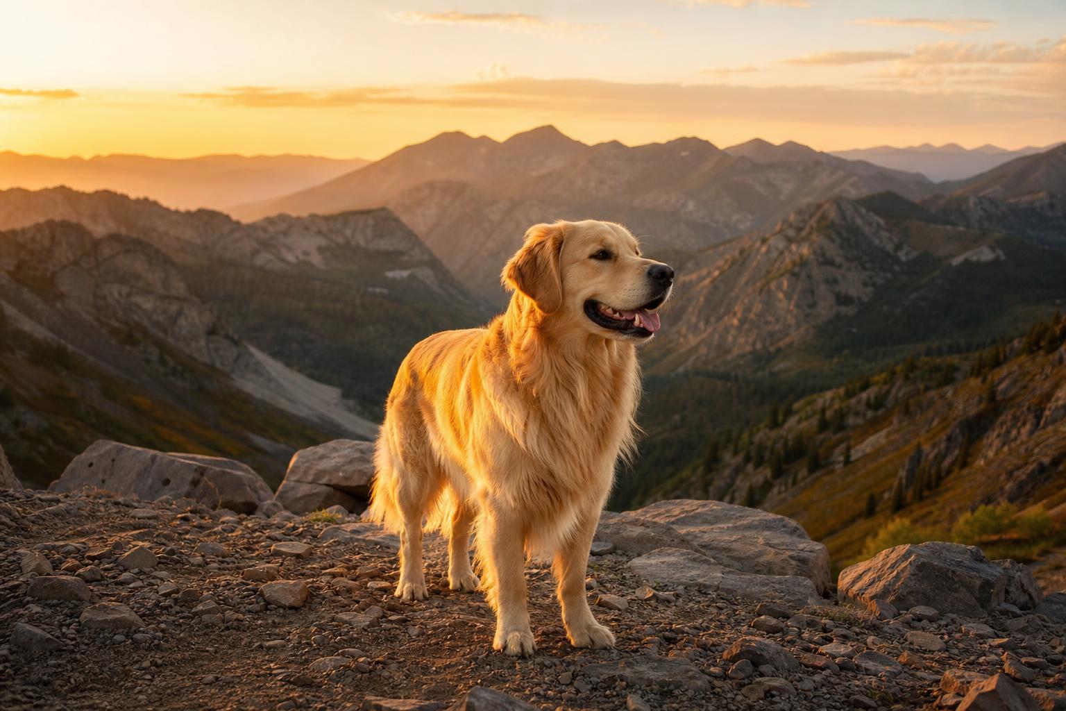 A dog atop a Utah mountain ridge at golden hour